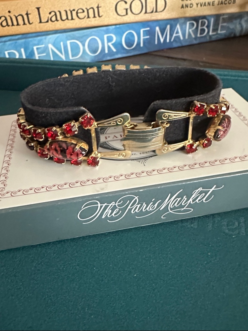RARE 1960s Weiss or Julianna Red Rhinestone and Art Glass Bracelet - Picture 7 of 11